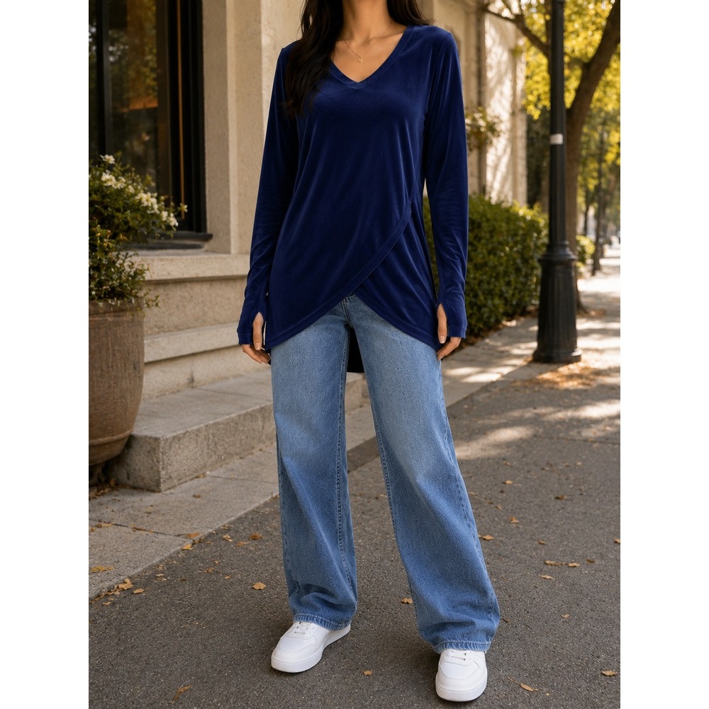 Laundry by Shelli Segal Navy Blue Velvet V-Neck Tulip Hem Top XL Thumbholes
